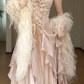 Spaghetti Strap Cowl Neck Satin Corset Ruffled High Slit Evening Maxi Dress With Detachable Feather Sleeves  fg8772