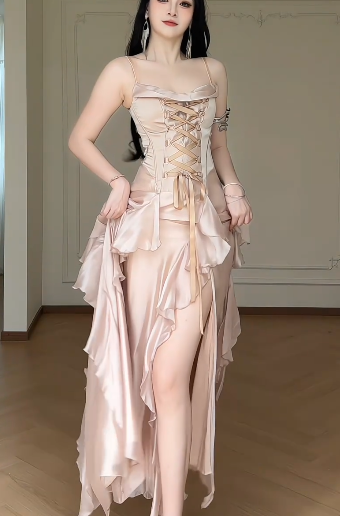 Spaghetti Strap Cowl Neck Satin Corset Ruffled High Slit Evening Maxi Dress With Detachable Feather Sleeves  fg8772