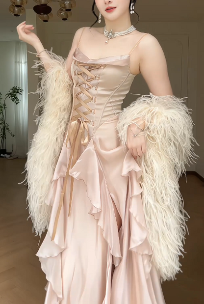 Spaghetti Strap Cowl Neck Satin Corset Ruffled High Slit Evening Maxi Dress With Detachable Feather Sleeves  fg8772