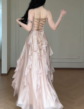 Spaghetti Strap Cowl Neck Satin Corset Ruffled High Slit Evening Maxi Dress With Detachable Feather Sleeves  fg8772