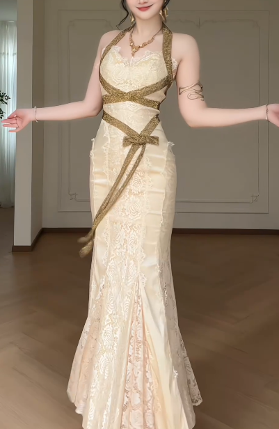 Halter V Neck Lace Satin Mermaid Evening Gown With Gold Glitter Strap & Detachable Feather Shawl  fg8773