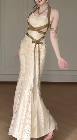 Halter V Neck Lace Satin Mermaid Evening Gown With Gold Glitter Strap & Detachable Feather Shawl  fg8773