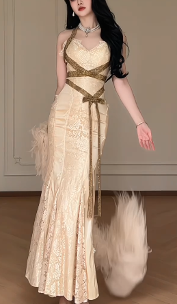 Halter V Neck Lace Satin Mermaid Evening Gown With Gold Glitter Strap & Detachable Feather Shawl  fg8773
