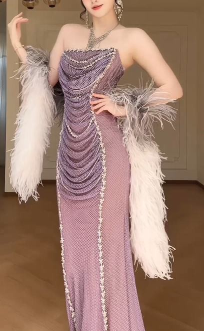 Strapless Draped Rhinestone Mesh Mermaid Evening Gown With Detachable Gradient Feather Sleeves fg8774