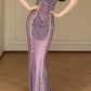 Strapless Draped Rhinestone Mesh Mermaid Evening Gown With Detachable Gradient Feather Sleeves fg8774