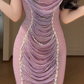 Strapless Draped Rhinestone Mesh Mermaid Evening Gown With Detachable Gradient Feather Sleeves fg8774