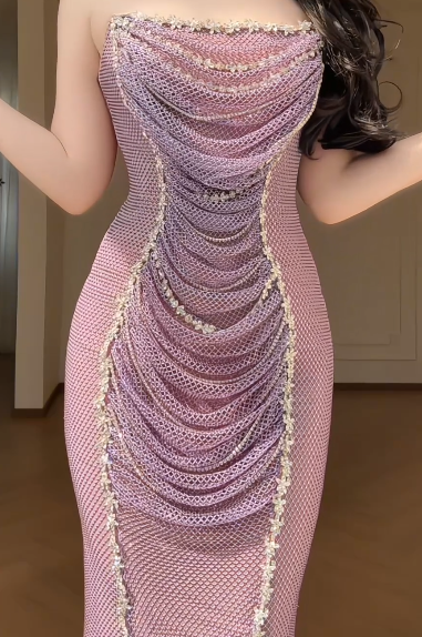 Strapless Draped Rhinestone Mesh Mermaid Evening Gown With Detachable Gradient Feather Sleeves fg8774