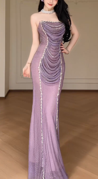 Strapless Draped Rhinestone Mesh Mermaid Evening Gown With Detachable Gradient Feather Sleeves fg8774