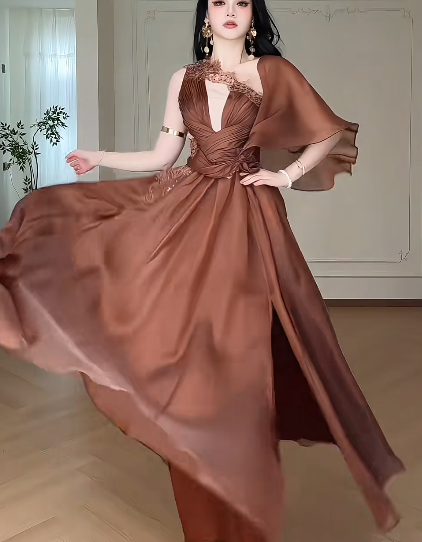 Brown One Shoulder  Deep V  Lace Evening Gown  fg8776