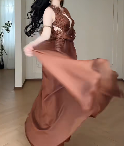 Brown One Shoulder  Deep V  Lace Evening Gown  fg8776