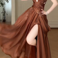 Brown One Shoulder  Deep V  Lace Evening Gown  fg8776