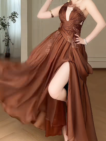 Brown One Shoulder  Deep V  Lace Evening Gown  fg8776