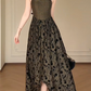 Vintage Floral Spaghetti Straps Evening Dress, Square Neck Flocked Rose Print A-Line Maxi Formal Gown  fg8777