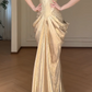 Champagne V Neck Mermaid Evening Gown, Sleeveless Bow Front Draped Metallic Satin Formal Dress  fg8777