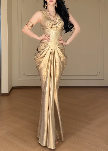 Champagne V Neck Mermaid Evening Gown, Sleeveless Bow Front Draped Metallic Satin Formal Dress  fg8777