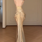 Champagne V Neck Mermaid Evening Gown, Sleeveless Bow Front Draped Metallic Satin Formal Dress  fg8777