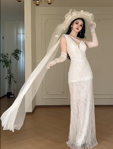 White Deep V Mermaid Wedding Dress, Sleeveless Asymmetrical Strap Beaded Sequin Bridal Gown  fg8778