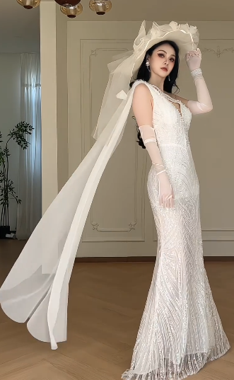 White Deep V Mermaid Wedding Dress, Sleeveless Asymmetrical Strap Beaded Sequin Bridal Gown  fg8778