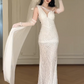 White Deep V Mermaid Wedding Dress, Sleeveless Asymmetrical Strap Beaded Sequin Bridal Gown  fg8778