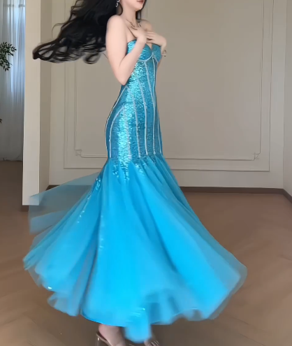 Strapless Sweetheart Sequin Mermaid Evening Gown, Sparkly Tulle Formal Prom Dress  fg8780