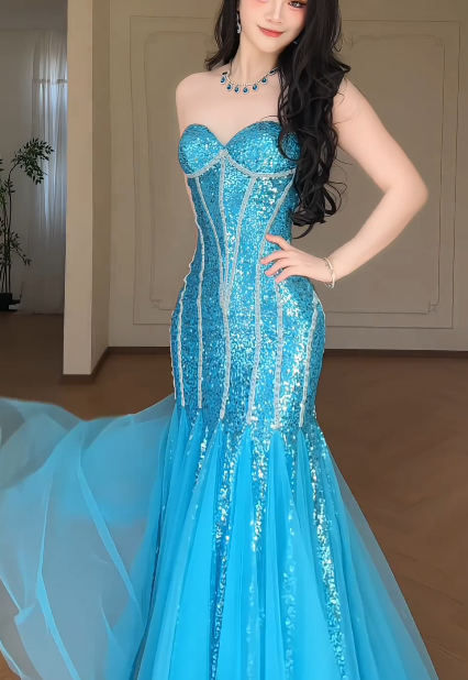 Strapless Sweetheart Sequin Mermaid Evening Gown, Sparkly Tulle Formal Prom Dress  fg8780
