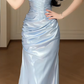 Strapless Light Blue Satin Mermaid Evening Gown, Ruched Bodycon Formal Maxi Dress  fg8781