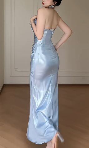 Strapless Light Blue Satin Mermaid Evening Gown, Ruched Bodycon Formal Maxi Dress  fg8781