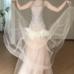 Sleeveless Beaded Tulle Mermaid Evening Gown, Feather Trim Tiered Formal Dress  fg8782