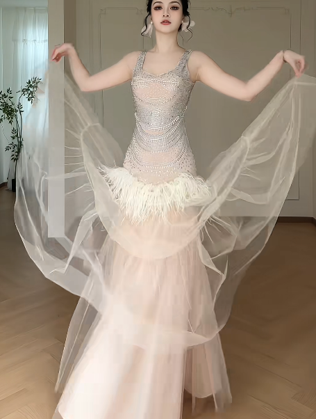 Sleeveless Beaded Tulle Mermaid Evening Gown, Feather Trim Tiered Formal Dress  fg8782