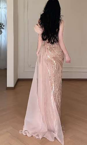 Off Shoulder Rose Gold Sequin Mermaid Evening Gown, High Slit Chiffon Train Formal Dress fg8783
