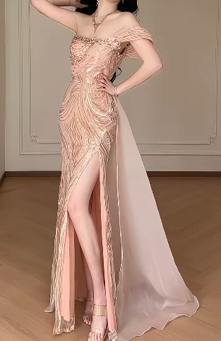 Off Shoulder Rose Gold Sequin Mermaid Evening Gown, High Slit Chiffon Train Formal Dress fg8783