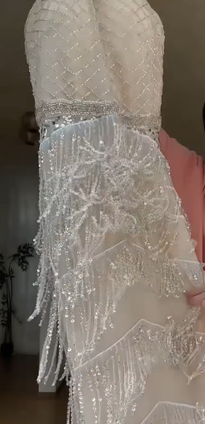 Halter Beaded Fringe Mermaid Evening Gown, Sleeveless Sparkly Tiered Tassel Formal Dress  fg8785