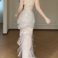Halter Beaded Fringe Mermaid Evening Gown, Sleeveless Sparkly Tiered Tassel Formal Dress  fg8785
