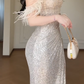Off Shoulder Feather Sequin Mermaid Evening Gown  fg8786