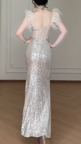 Off Shoulder Feather Sequin Mermaid Evening Gown  fg8786