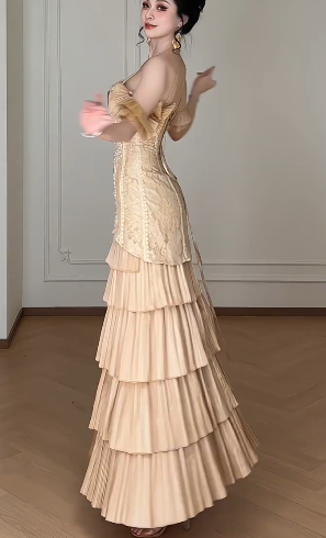 Spaghetti Strap Off Shoulder Ruffle Tiered Lace Evening Gown  fg8787