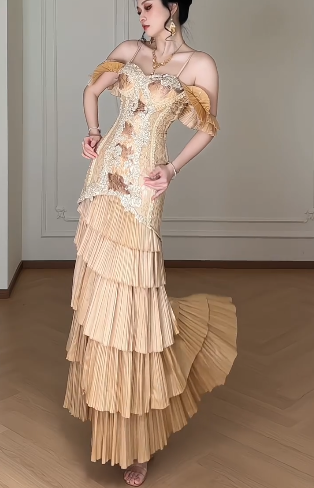 Spaghetti Strap Off Shoulder Ruffle Tiered Lace Evening Gown  fg8787