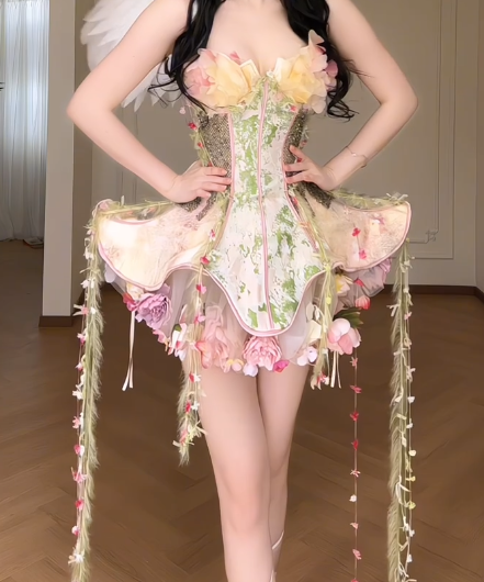 Romantic Floral Strapless Corset Tulle Fairy Mini Evening Gown fg8793