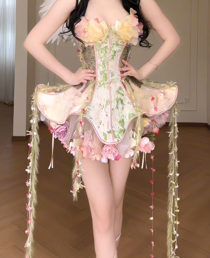 Romantic Floral Strapless Corset Tulle Fairy Mini Evening Gown fg8793