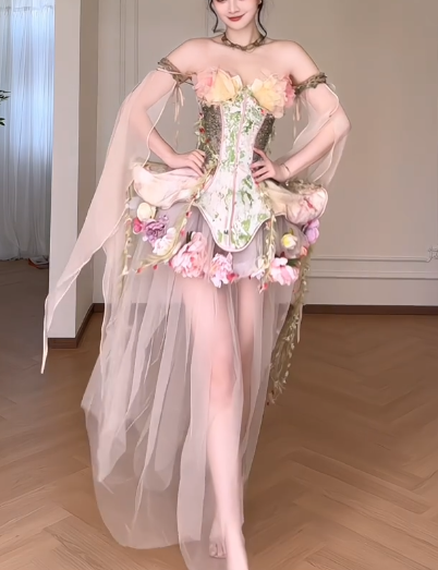 Romantic Floral Strapless Corset Tulle Fairy Mini Evening Gown fg8793
