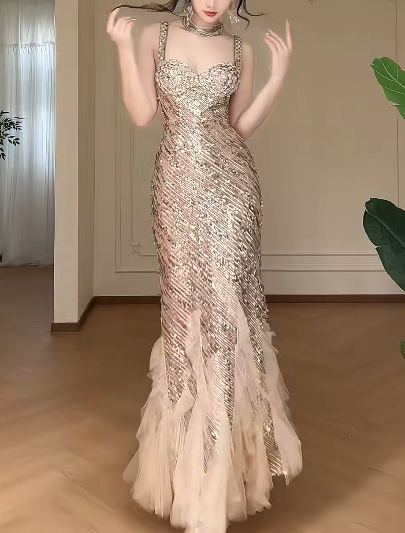 Sweetheart Spaghetti Strap Sequin Mermaid Long Evening Gown fg8796
