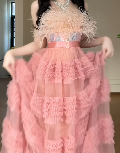 Strapless Feather Tiered Tulle A-Line Long Evening Gown  fg8792