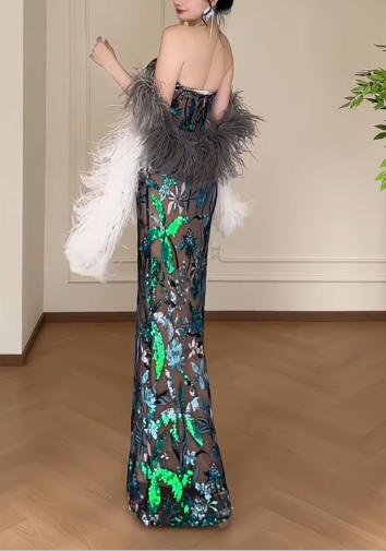 Strapless Floral Sequin Mesh Mermaid Long Evening Gown fg8797