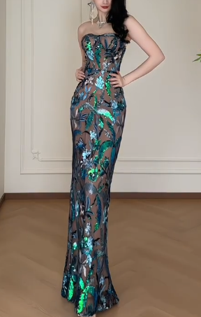 Strapless Floral Sequin Mesh Mermaid Long Evening Gown fg8797