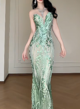 Sweetheart Neck Green Sequin Mesh Mermaid Evening Gown fg8799