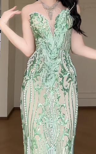 Sweetheart Neck Green Sequin Mesh Mermaid Evening Gown fg8799