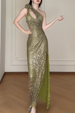 One Shoulder Green Sequin Slit Mermaid Evening Gown fg8800