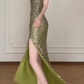 One Shoulder Green Sequin Slit Mermaid Evening Gown fg8800