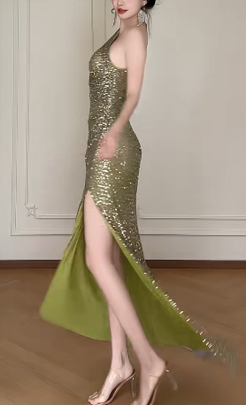 One Shoulder Green Sequin Slit Mermaid Evening Gown fg8800