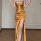 Strapless Gold Satin Beaded Slit Mermaid Evening Gown fg8801